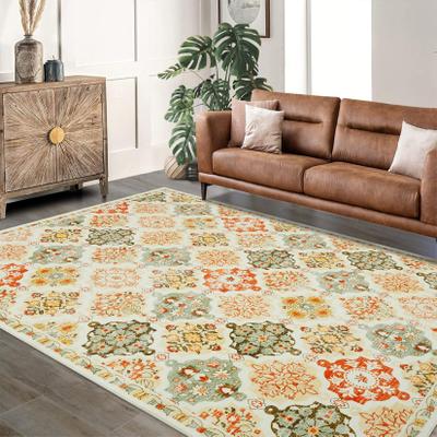 Garvee Boho Floral Checkerboard Washable Area Rug for Bedroom Living Room Non-Slip Oriental Accent Throw Carpet