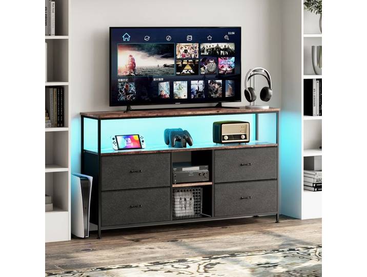 Meuble TV - LED - 137cm - 4 tiroirs en PU - Éclairage personnalisable - Style industriel