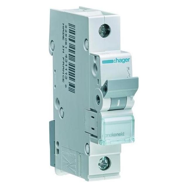 Hager MCN106. Anzahl der Pole: 1P. AC Eingangsfrequenz: 50/60 Hz, Nominale Stromabgabe: 6 A. Breite: 17,5 (MCN106)