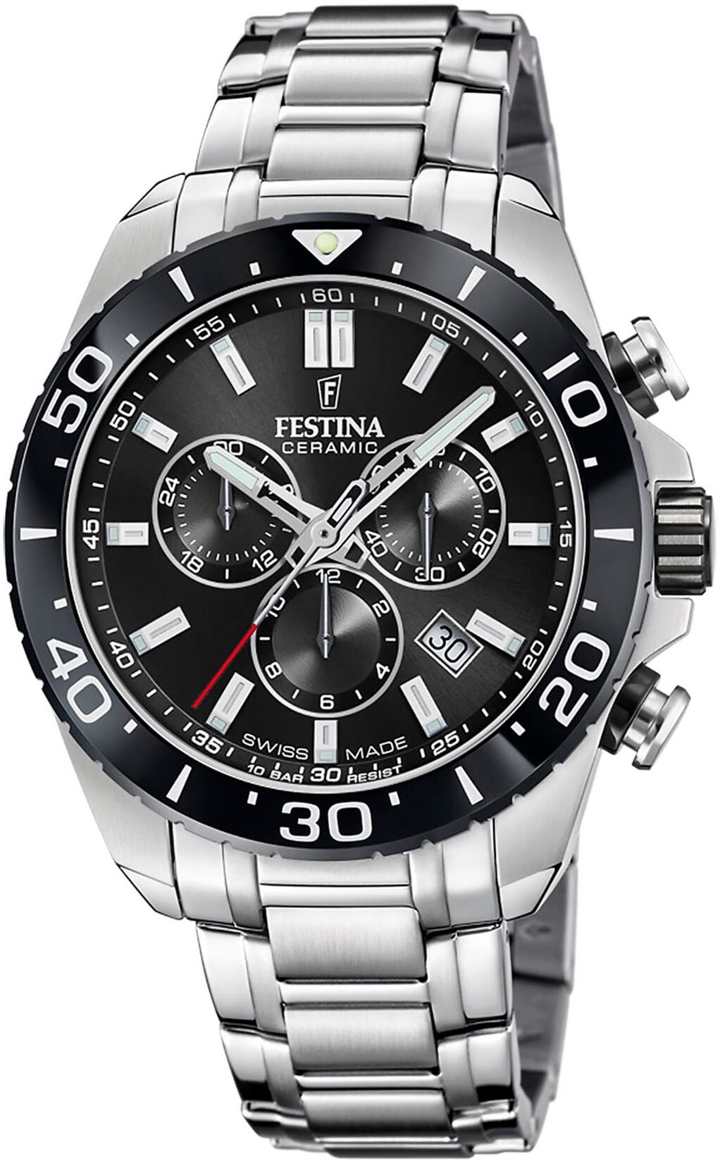 Chronograph FESTINA "Keramik Kollektion", silber (silberfarben, schwarz), Armbanduhren, Herren, Chronograph, Armbanduhr, Quarz, Herren, Stoppfunktion, Keramiklünette, Swiss Made