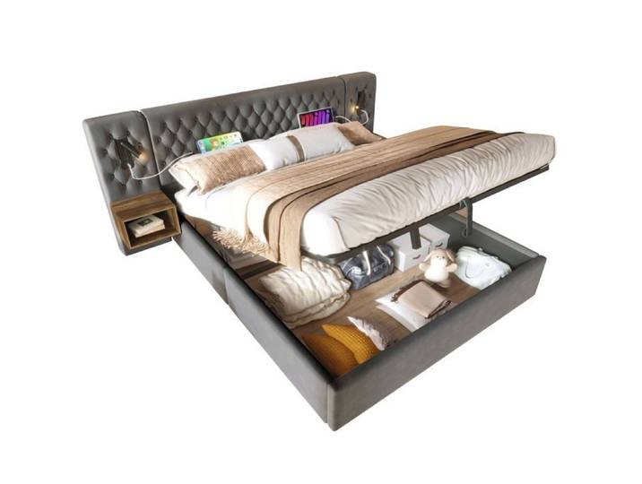 Logidon système de lit lit à coffre hydraulique 160x200 cm velours gris