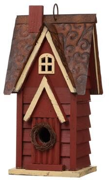 "Glitzhome 12""H Retro Distressed Painted Solid Wood Cottage Birdhouse"