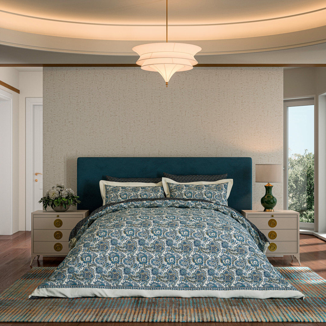 V&A Chinese Magpie Cotton Paisley Duvet Cover Set Navy Double Duvet Cover + 2 Pillowcases