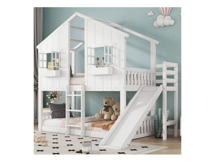 STILVORA Etagenbett 90x200 mit Rutsche,Kinderbett Bettgestell mit Fallschutzgitter&Dach (Etagenbett mit Rutsche, Dach & Fenster, Fallschutzgitter., 90x200cm), ohne Matratze