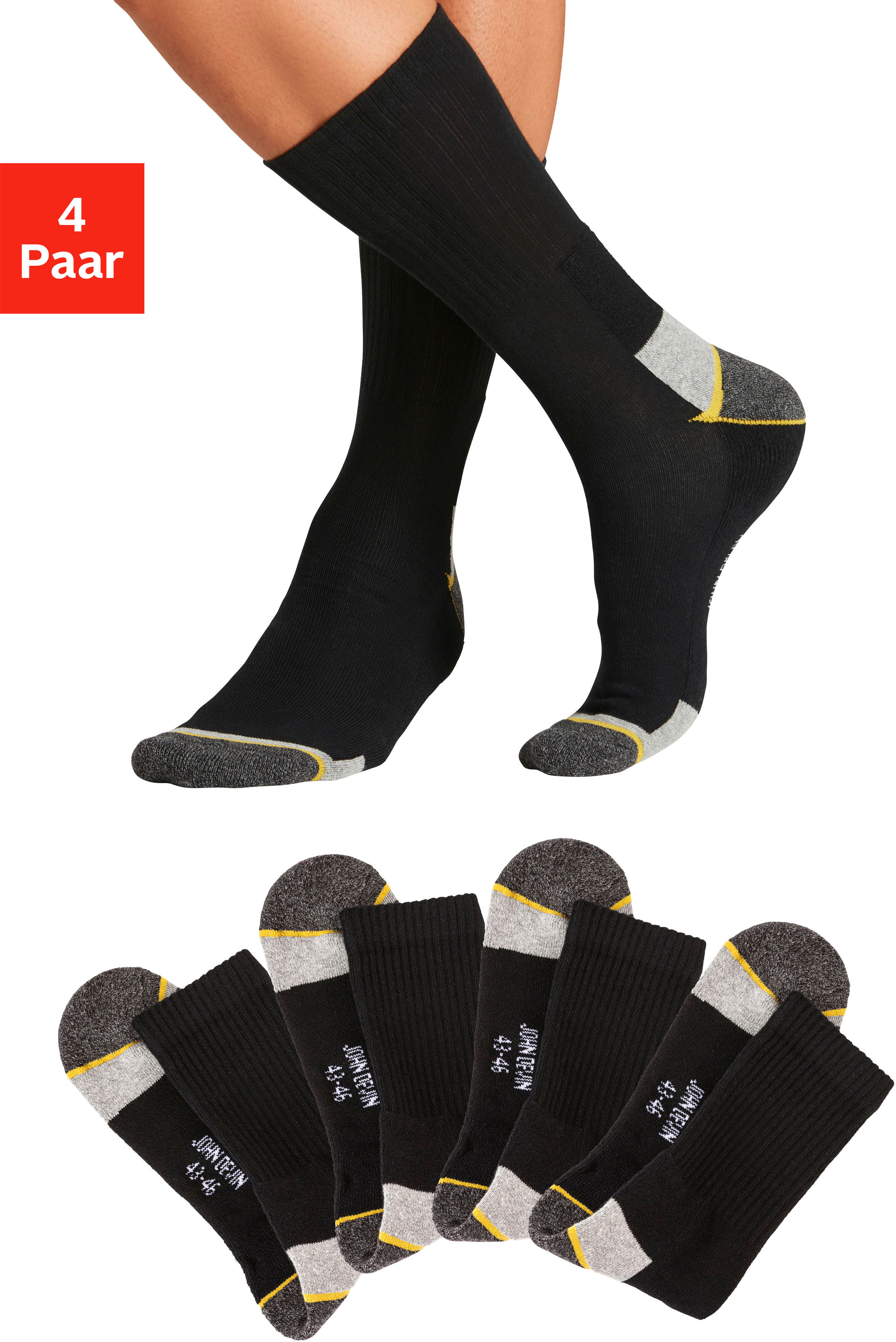 Arbeitssocken JOHN DEVIN "Herrensocken mit breitem geripptem Schaft", Herren, Gr. 47-48, schwarz (4x schwarz), Baumwollmischung, elastisch, Socken Arbeitssocken, Mit Hochfersen und Überzehen Plüsch 4x schwarz 47-48