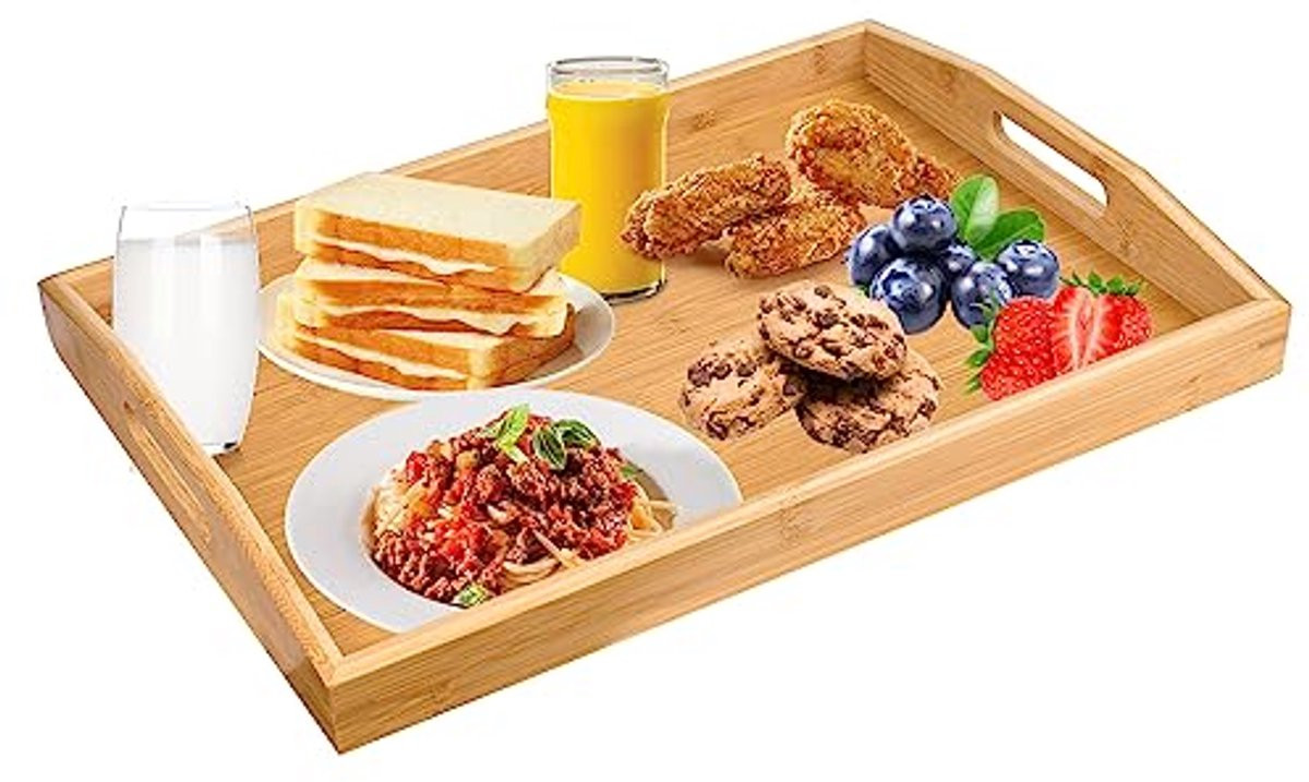 Bamboe Dienblad met Handvatten - Multifunctioneel Houten Dienblad voor Ontbijt, Thee en Decoratie - B: 41 cm, D: 29 cm, H: 3,2 cm