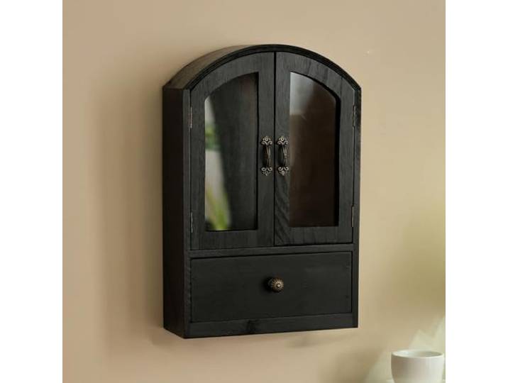 Vintage-Wandschrank Aus Holz Mit Glastüren, Gewölbter Wandschrank Mit Schublade For Die Inneneinrichtung(Black,With Doors)