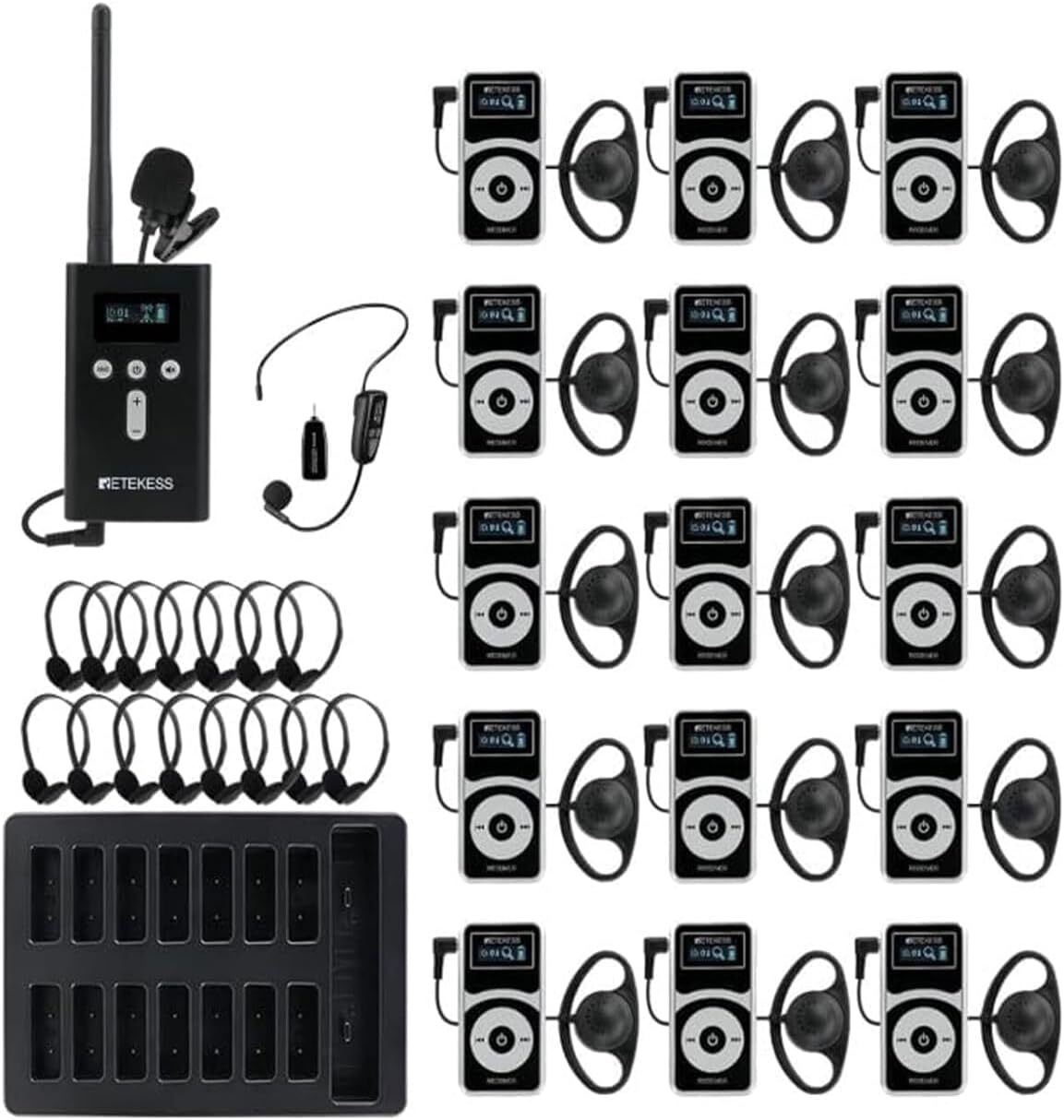 Retekess T130P Tour Guide System, Verbesserte Geräuschreduzierung, 160m, Lange Standby-Zeit 30H, Audio-Dolmetschsystem für Tourismus (15 Empfänger)