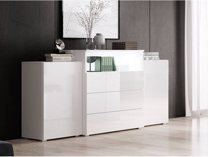 MIRJAN24 Kommode Urban III, Stilvoll Highboard, Modern Wohnzimmer Sideboard (Weiß / Weiß Hochglanz, mit LED-Beleuchtung)