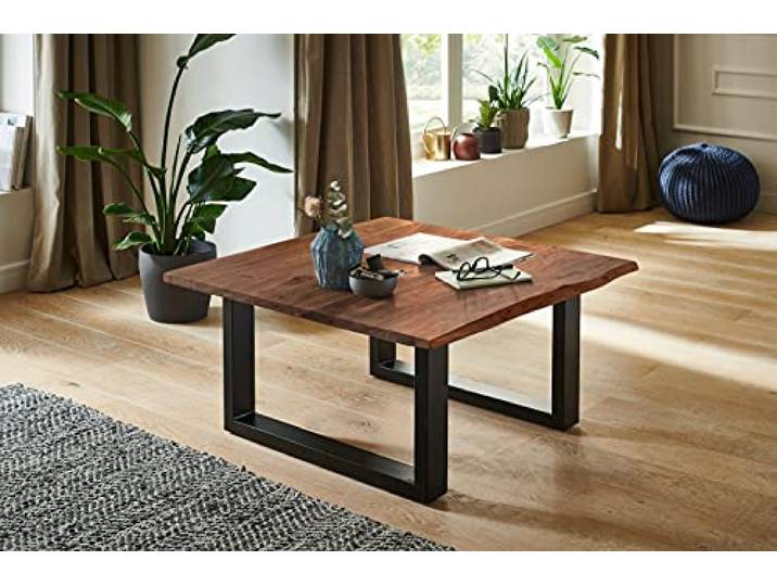 SAM Couchtisch 90 x 90 cm Quintus, echte Baumkante, massiver Beistelltisch aus Akazienholz, nussbaumfarben, Metallgestell schwarz