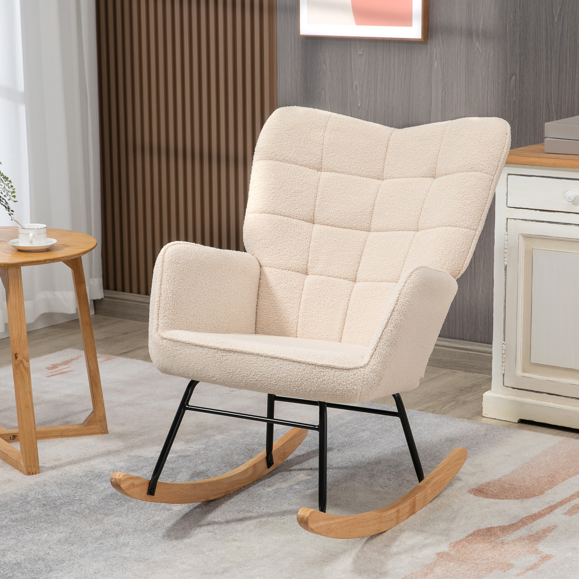 Homcom Poltrona a Dondolo Imbottita in Legno e Acciaio per Soggiorno e Camera da Letto, 71x92x101 cm, Beige