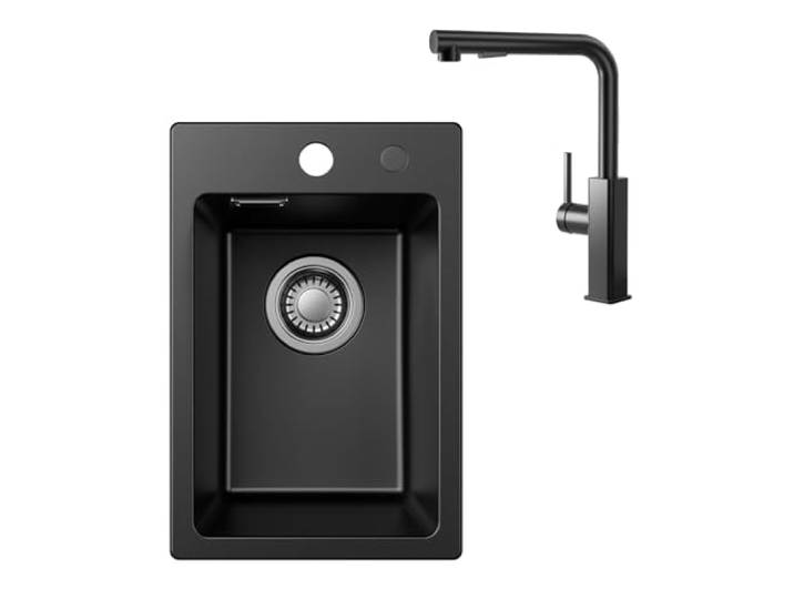 Granitspüle Schwarz 30x45 cm mit Wasserhahn, Kompaktes Spülbecken für kleine Küchen, Küchenspüle mit ausziehbarer Armatur 360° Drehbar, 2 Strahlarten