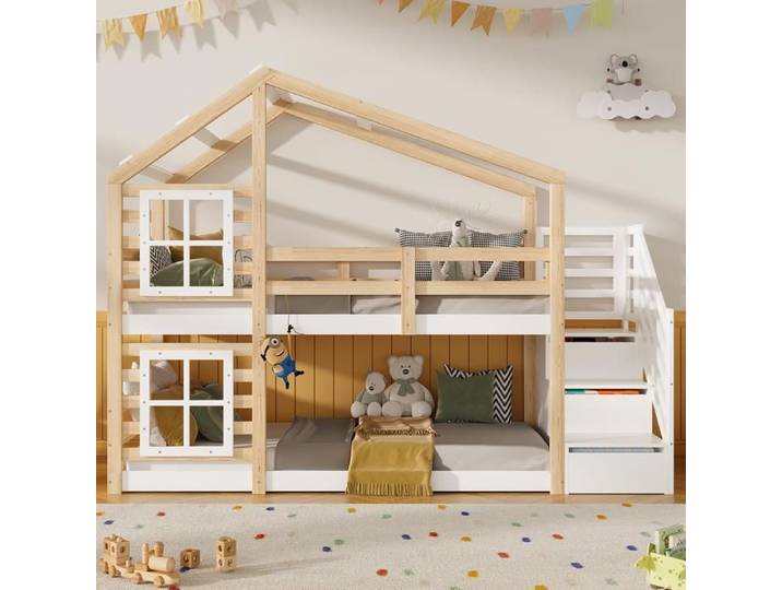 Lit Superposé Enfant 90x190 - Lit Cabane Enfant avec Escalier de Rangement - Lit Superposé 2 places - Pin massif