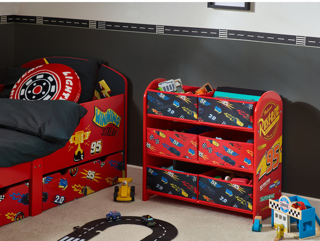 Disney Cars Lightning Mcqueen Toy Storage Unit: 6-Box Organizer for Bedroom - Made from Engineered Wood/Fabric/Metal - Easy Assembly and Clean Up Red 60cm H X 63.5cm W X 25cm D