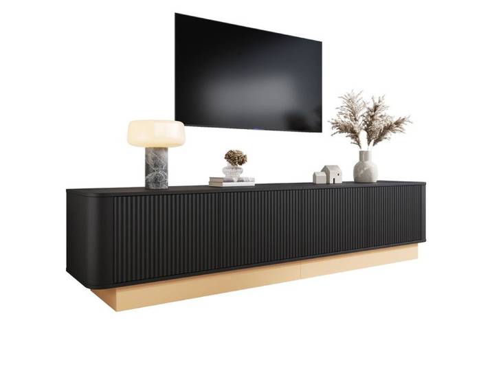 Meuble TV 4 portes cannelé avec grand espace de rangement compartiments réglables hauteur coins arrondis minimalisme moderne Noir