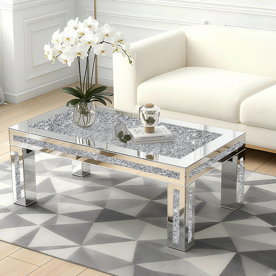 Blue Elephant Amla Glass Coffee Table Diamonds Mirrored Top Coffee Table Silver 40cm H X 110cm W X 60cm D