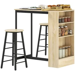 STILVORA Bartisch Set 3-teilig mit 2 Hockern Stauraum 91x49x91 cm Schwarz in Eicheoptik, platzsparend, Fußstützen, Metallrahmen