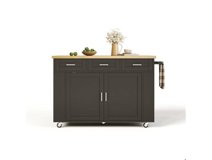 Îlot central de cuisine – chariot de cuisine MDF – plan de travail rabattable – noir et bois naturel
