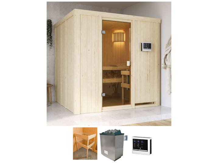 Sauna KARIBU Tromsö , beige (natur), Bio-Ofen, externe Steuerung, 9 kW, Saunen, Sauna, Ofen 9 kW Bio externe Strg easy