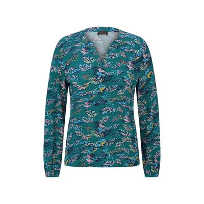 Schlupfbluse GOLDNER "Jerseybluse mit Rundhals, V-Ausschnitt", Damen, Gr. 46, bunt (petrol, gemustert), Modern, figurumspielend, V-Ausschnitt, Gummibund, Blusen Schlupfbluse, stretchbequemer Jersey