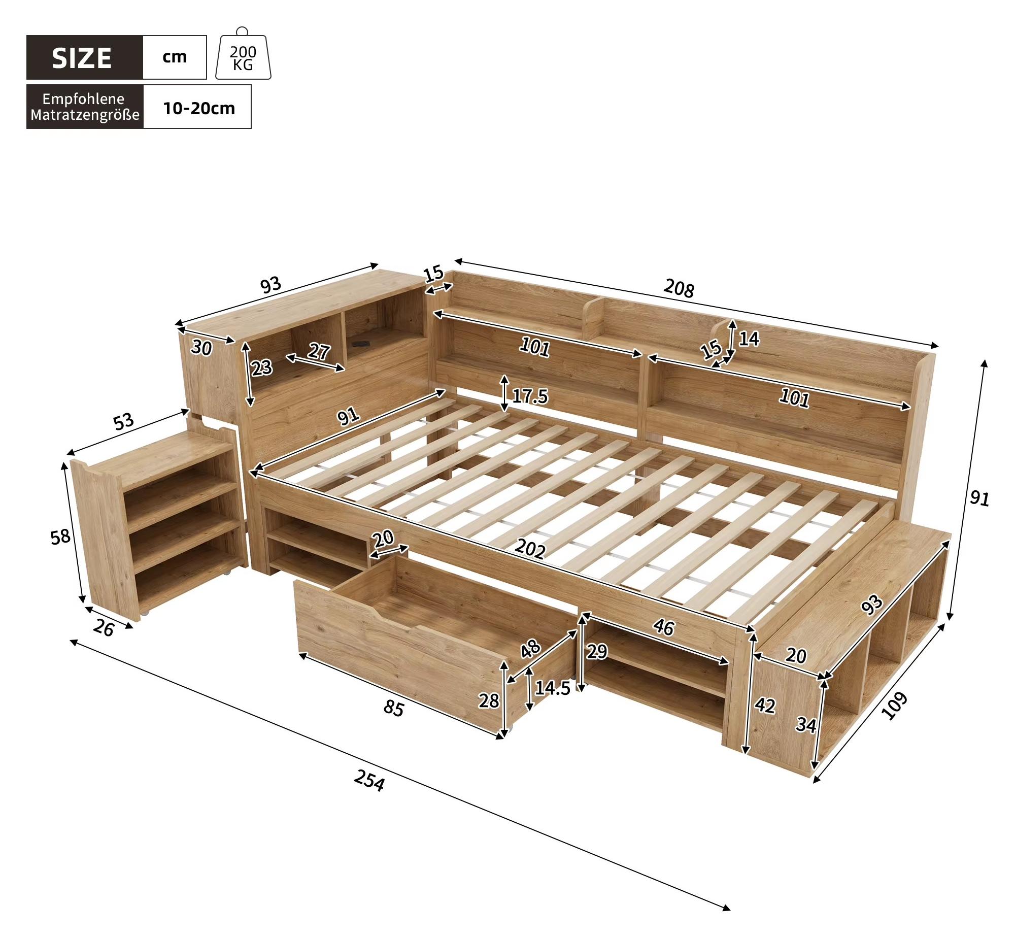 Stauraumbett - Einzelbett aus Holz - 90 x 200 cm - Nachttisch mit Schubladen - Kleiderschrank mit Regalen - Kabelloses Laden - Ohne Matratze - Naturfarben