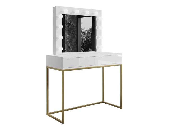 SCHMINKTISCH BLANCO GOLD mit Spiegel und Beleuchtung Weiß PUSH OPEN