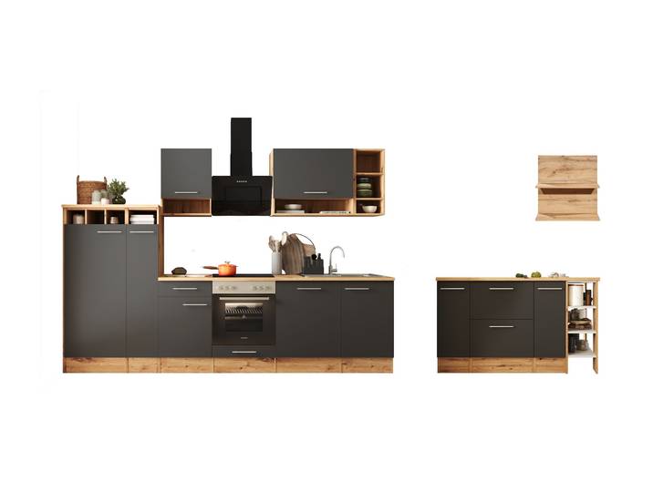 Kücheninsel, Wildeiche Nachbildung & Mattgrau, 310×172 cm, Winkelküche mit E-Geräten, RESPEKTA