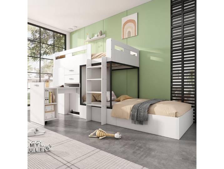 BEL Lit superposé bureau coulissant/armoire enfant multifonctionnel tiroir étagères échelles 90x200 cm blanc