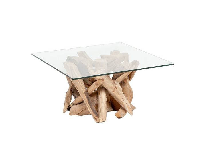 LebensWohnArt Couchtisch Individueller Teak Couchtisch TORA-eckig Glasplatte 80x80cm
