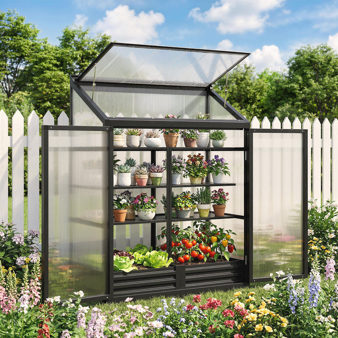 Outsunny 4 x 2ft Polycarbonate Greenhouse 3 Hinged Doors Top Vent Black 155cm H X 120cm W X 55cm D