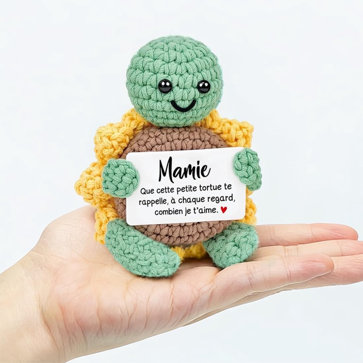 Handgemaakte gehaakte schildpad met zonnebloemmotief voor senioren