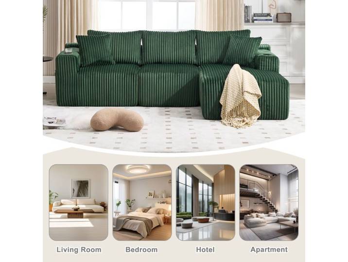 ROVRYN Canapé modulable d'angle 3 places avec méridienne velours côtelé vert émeraude 5 coussins