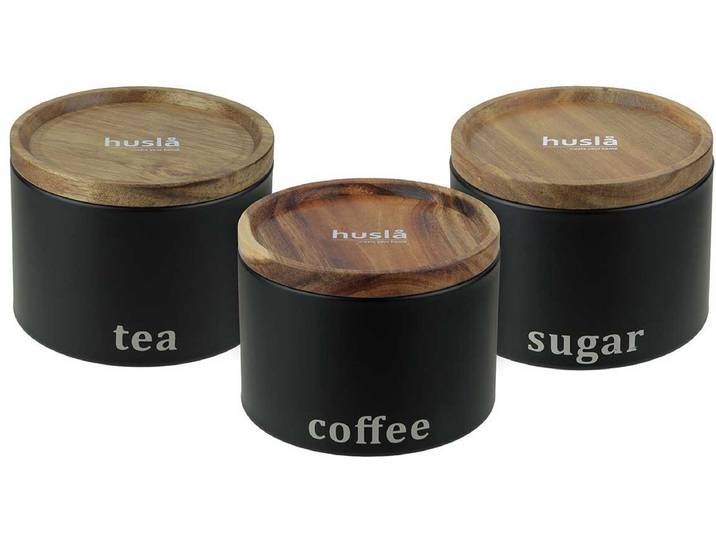 Husla Serie - Keuken Bewaarbakken Set - Zwart - Stapelbaar - Staal en Acaciahout