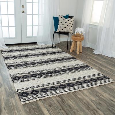 Alora Decor Sun Ivory and Blue Geometric and Striped Hand-woven Wool Blend Rug