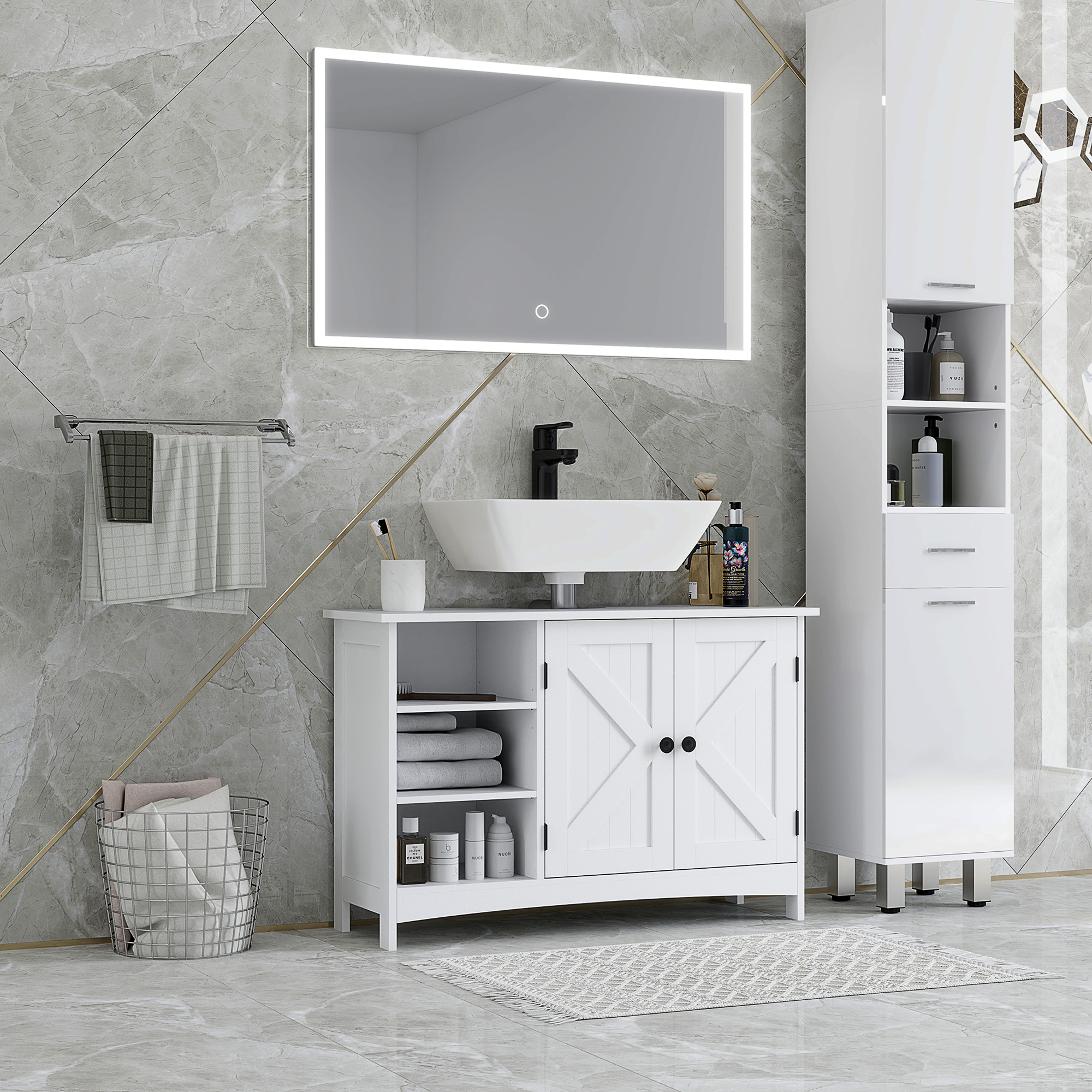 Kleankin Mobile Sotto Lavabo Bagno con Armadietto a 2 Ante e 3 Ripiani Aperti in Legno, 90x30x60cm, Bianco