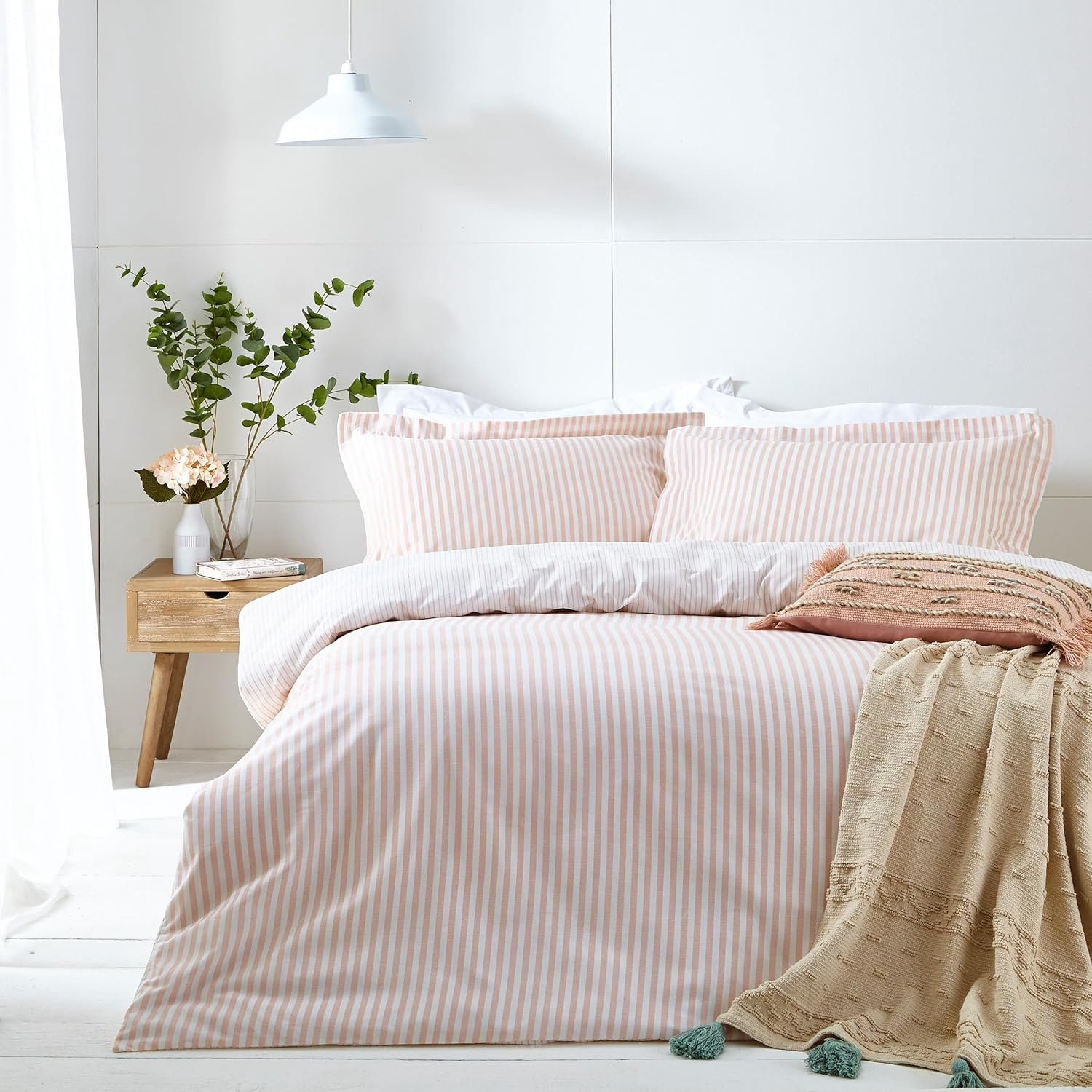 Hebden Mélange gestreept katoenen dekbedovertrekset - Blush - Super King
