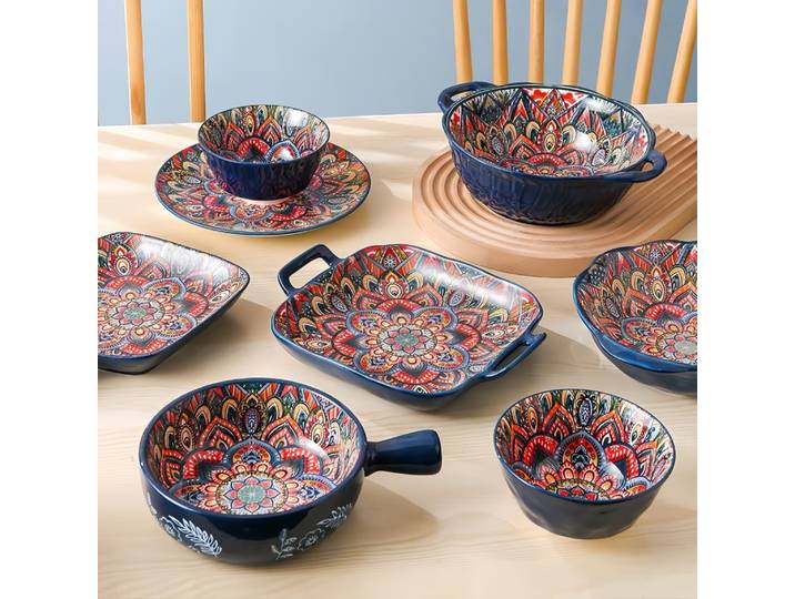 Ensemble de 8 pièces de vaisselle et de couverts en céramique de style bohème, bol à riz élégant pour la maison, bassine à soupe à double anse, bol à nouilles raffiné