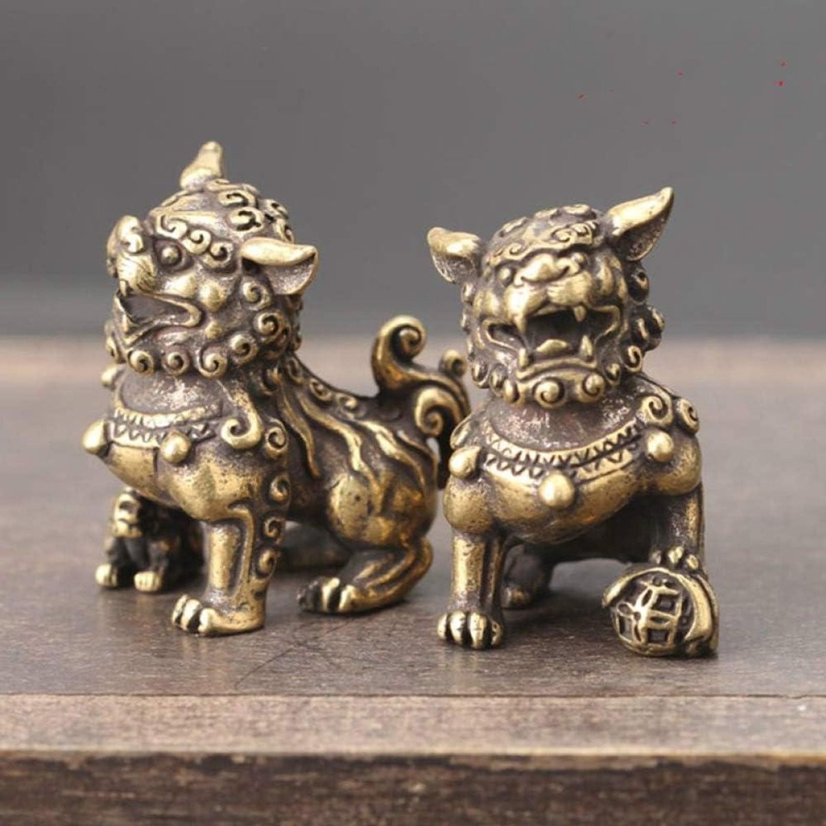 Set van 2 koperen leeuwen beeldjes in antiek brons voor bureau decoratie