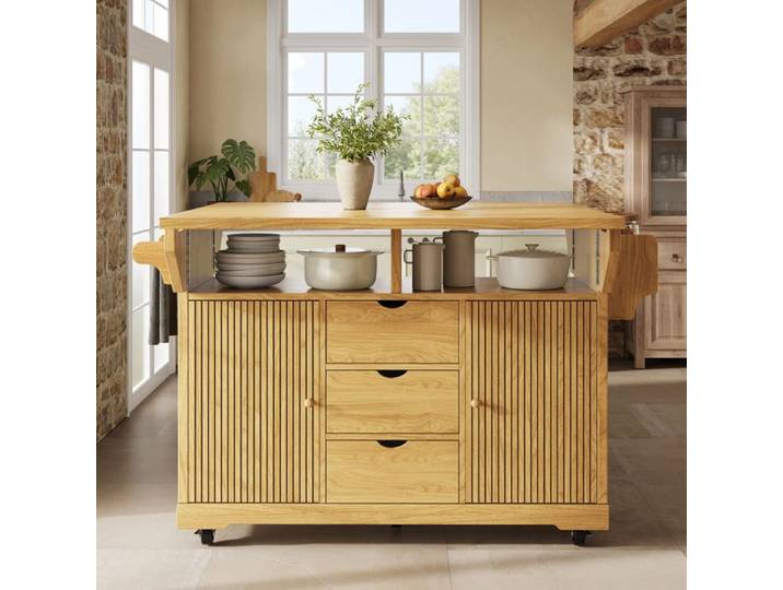 Desserte roulante cuisine 142 5x80x95 cm avec rallonges pliables 3 tiroirs roulettes avec frein plan de travail marron