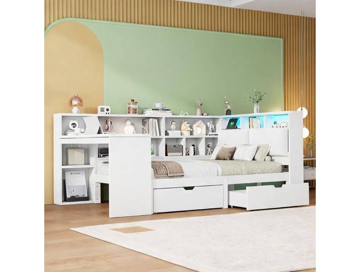 Lit plateforme d'angle bois avec bureau et bibliothèque 140x200 cm blanc