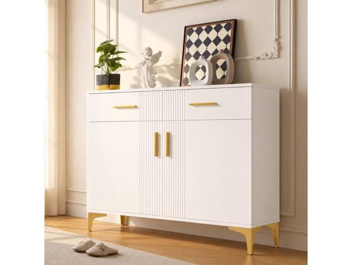 Buffet bas moderne 2 portes 2 tiroirs meuble de rangement blanc en MDF poignées et pieds métal doré 80x35x79 5 cm ORVRYN