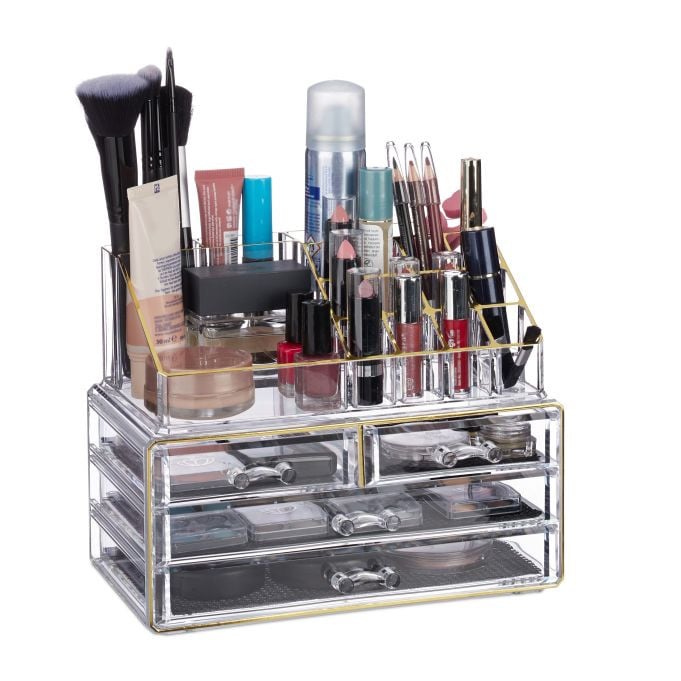 Relaxdays Make-up Organizer van acryl, transparant/goud