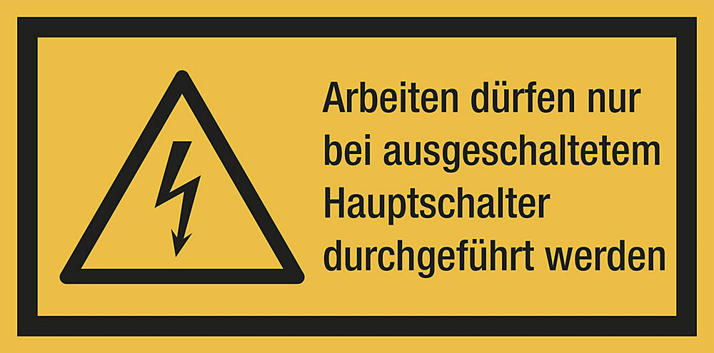 kaiserkraft Kombischilder mit Text für Warnkennzeichen, Arbeiten dürfen nur bei ausgeschaltetem Hauptschalter durchgeführt werden, VE 10 Stk, Folie, LxH 105 x 52