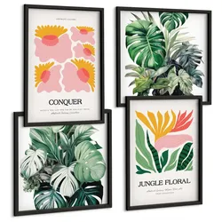 BILDER SET 4er Set - 50x50 cm & 40x60 cm Schwarzer Rahmen - Blumen und Blätter – moderne Poster