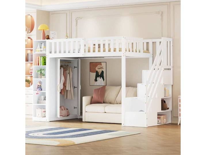 Lit mezzanine 90x200cm avec armoire de rangement armoire échelle de sécurité avec compartiments de rangement lit enfants Blanc