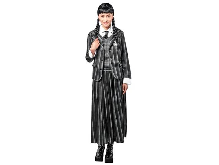 Rubies 1000159L000 Wednesday Womens School Uniform Addams Volwassen Fancy Dress Gestreept, Zwart, UK 16-18 Halloween Halloween