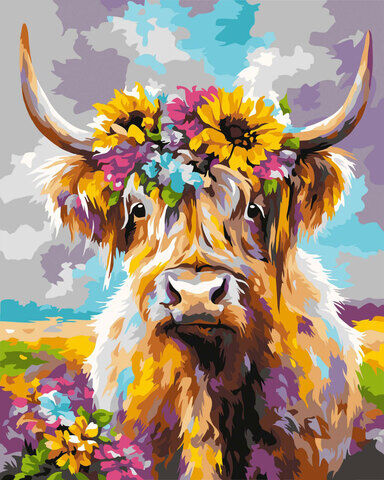 Malen nach Zahlen auf Keilrahmen "Hochlandrind mit Blumen", 40 x 50 cm