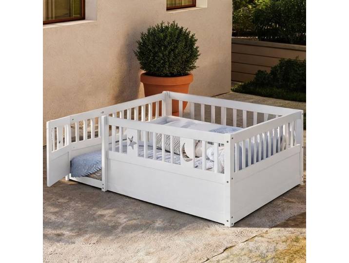 Lit enfant avec barrières de sécurité verrouillables 140x190 cm décors étoile et lune pin massif finition blanche cadre à monter