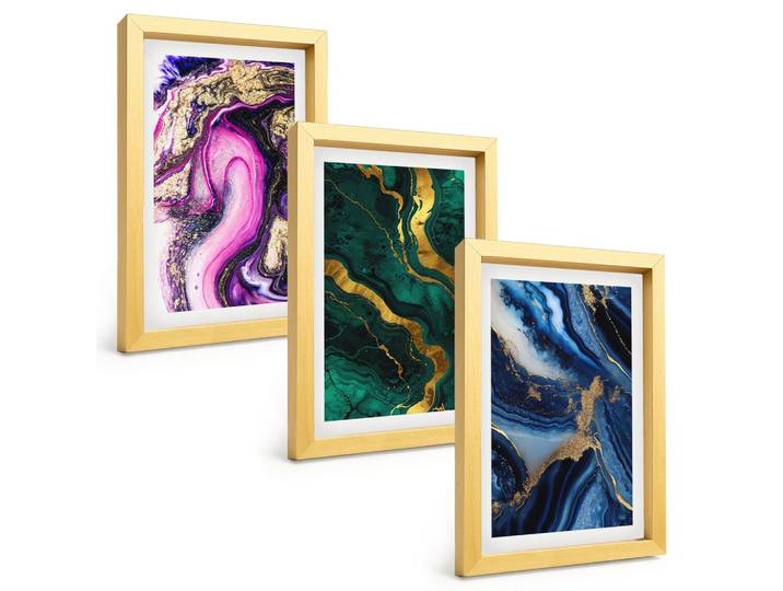 BILDER SET 3er Set - 20x30 cm Goldrahmen - Abstrakte rosagrüne Muster