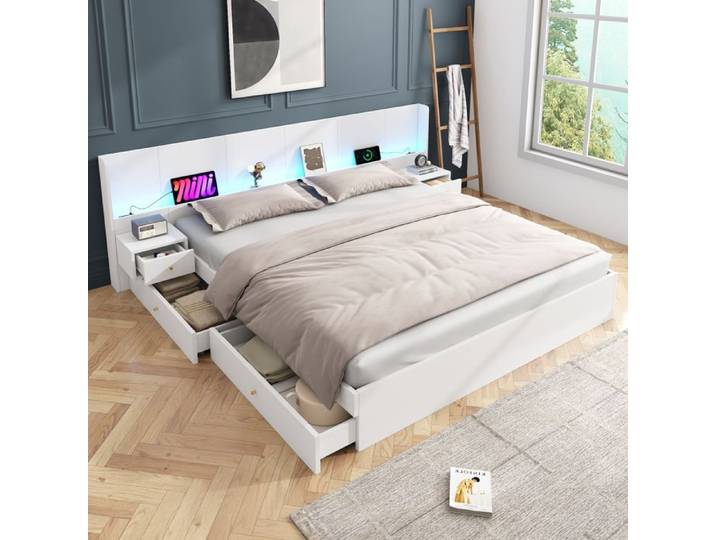 DRIPEX Lit double 180*200cm avec éclairage LED et interface USB lit en bois avec 2 chevets et tiroirs Blanc